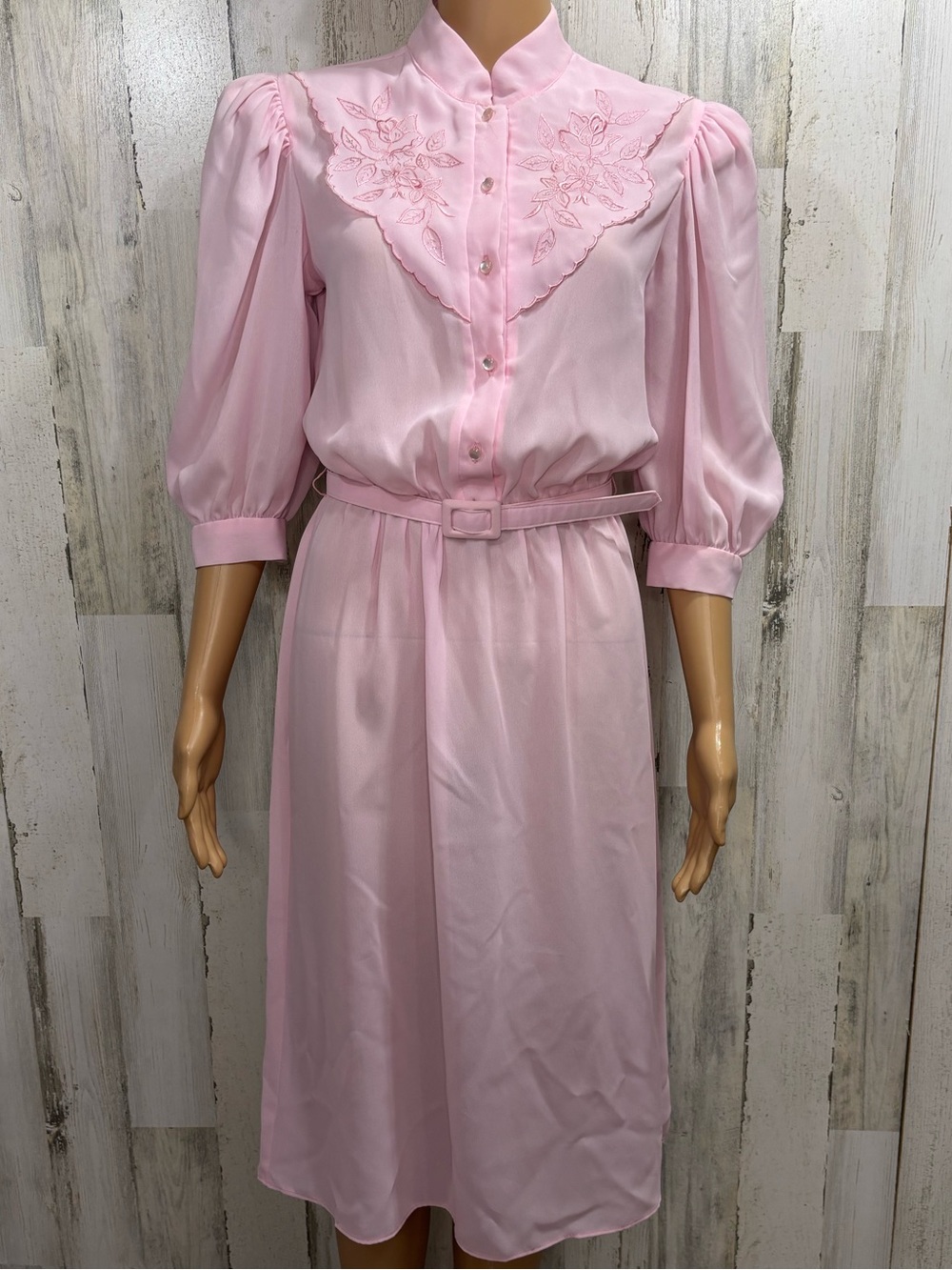 David Robin Vintage 80’s Pink Belted Midi Dress with Embroidered Yoke